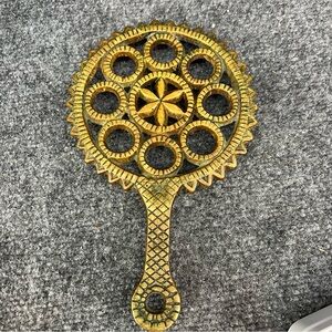 Vintage Antique Brass Hex Star Circles Footed Trivet Plant Base